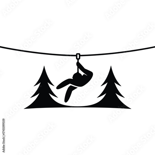 Silhouette of a person zip lining between two pine trees in a forest