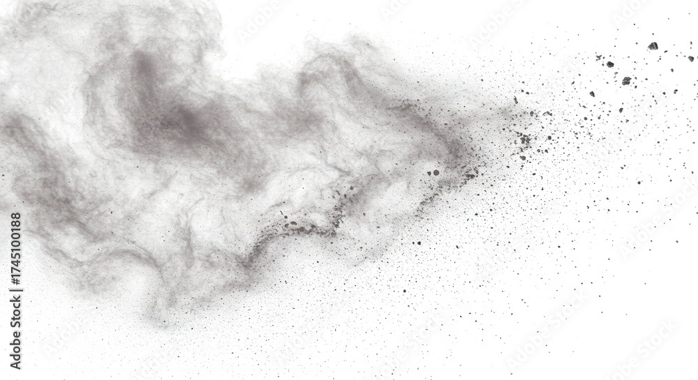 Fototapeta premium Gray cloudlike dust pattern spreads across a white background