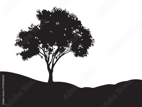 Peaceful Mountain Valley With Single Tree Clean Vector Line Art