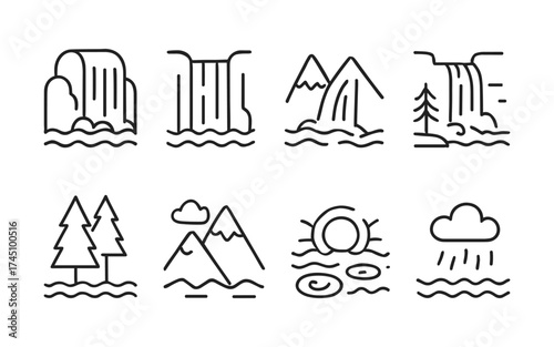 Travel and adventure icons set. Camper van, hiking, camping, navigation, exploration. Outline vector illustrations