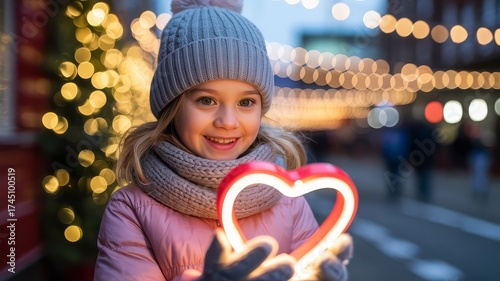  Girl in pink coat holding glowing heart light with warm golden bokeh and cozy winter charm in festive night scene