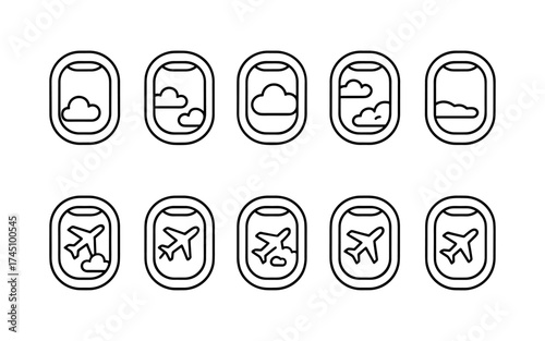 Travel and adventure icons set. Camper van, hiking, camping, navigation, exploration. Outline vector illustrations