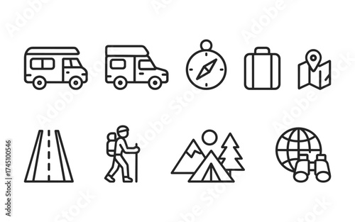 Travel and adventure icons set. Camper van, hiking, camping, navigation, exploration. Outline vector illustrations