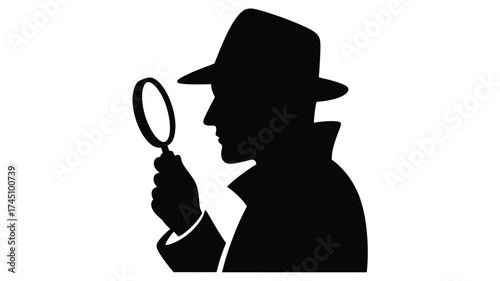 Silhouette of a detective in a fedora hat examining with a magnifying glass