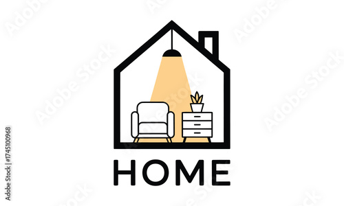 Cozy home interior design logo symbol featuring furniture and lighting elements