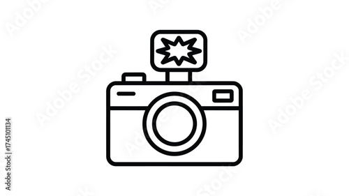 Simple outline icon of a digital camera with a pop up flash