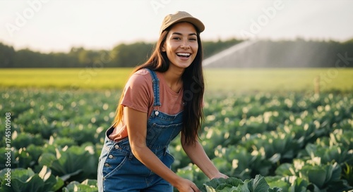 Happy young female farmer working in a cabbage field. Portrait of a smiling woman harvesting fresh vegetables. Modern agriculture and organic farming concept