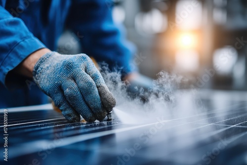 Gloved worker handling a solar panel on an assembly line, with steam or dust rising during inspection or fabrication in a manufacturing facility.