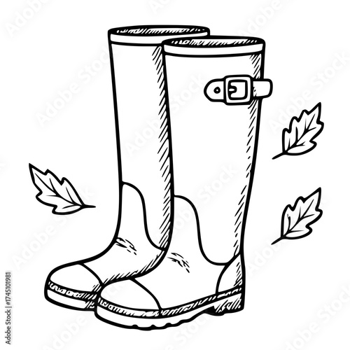 Rain Boots With Falling Leaves Sketch