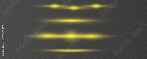 Bright yellow horizontal lines with glowing flares and smooth motion blur. Ideal for futuristic interfaces, speed effects, or tech animations. Vector-based graphic.