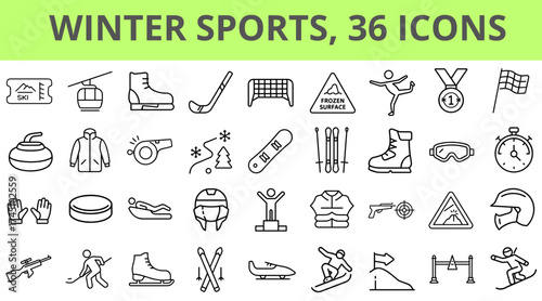 Winter sports 36 line icon set with equipment, activity, and safety symbols. Outline graphic vector illustration for app, web, interface, banner