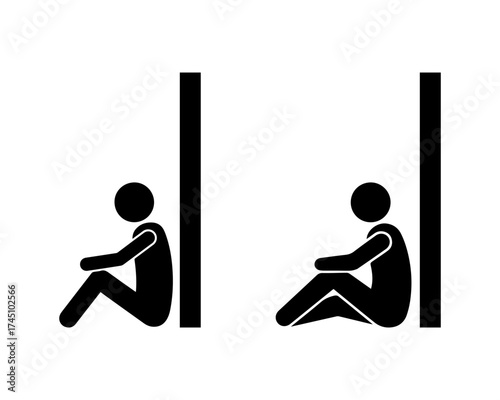 Sad stickman sitting against wall, depression concept, loneliness, mental health, burnout, stress, despair, tired person silhouette, emotional exhaustion, black vector icon illustration.