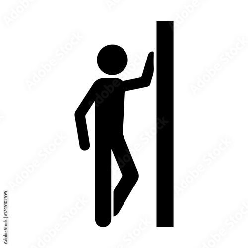 Sad stickman leaning against wall, depression concept, lonely man silhouette vector icon, mental health, stress, failure, sadness, burnout, frustration, minimalist black pictogram.