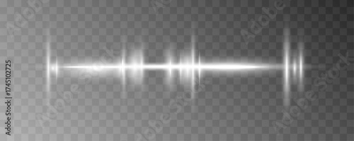 Horizontal white light beam and spark particles. Use in clean tech designs, medical visuals, or digital interface effects. Transparent vector.