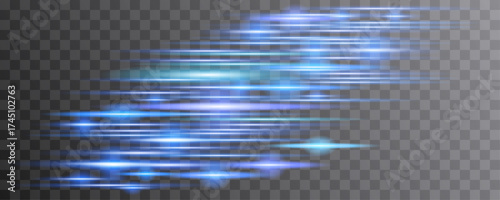 Glowing blue beam of light with flare and horizontal shimmer lines. Ideal for abstract backgrounds, technology interfaces, or speed motion effects. Vector format.