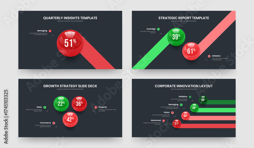 Financial Launch One Two Three Four Element Diagram Slideshow Layout Vector Illustration Set. Simple Analysis 1 2 3 4 Step Graph Slide Template Collection.