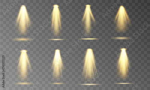Multiple stage spotlights project soft glowing beams creating an atmospheric scene. Lens flare effects add depth and focus. Ideal for event posters, product mockups, or theatrical visuals.