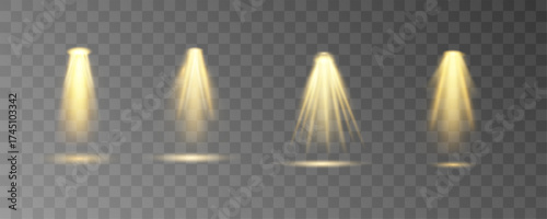 Set of spotlights with focused beams and soft glow effects illuminates a stage scene. Lens flare and light gradients simulate professional lighting. Suitable for show, music, or business events.