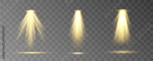 Bright spotlight beams shine downward, focusing light on a stage and podium area. Soft gradients and lens flash effects enhance the visual impact. Great for theater, event, and presentation visuals.