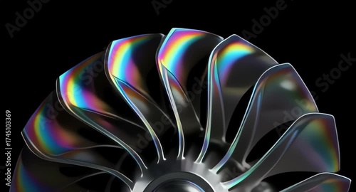 Closeup of a turbocharger turbine wheel with iridescent rainbow colors reflecting on its blades against a dark background
