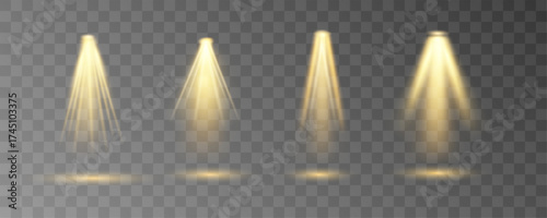 A full set of stage spotlights arranged in symmetry, all glowing in warm yellow tones. Light rays converge in the middle, highlighting a central focal point. Perfect for drama and show visuals.