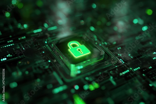 Futuristic circuit background with glowing green security lock