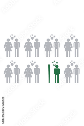 One Person Standing Out from the Crowd Vector Concept. Male Figure is Different from the Surrounding Heterosexual Couples. Social Isolation, Singularity, or Uniqueness Icon.. Adobe Illustrator Artwork