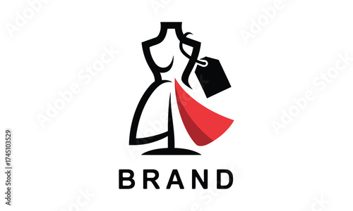 Elegant fashion mannequin logo with shopping bag and red accent for apparel brands