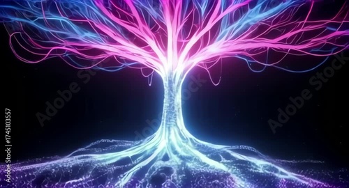 Abstract glowing tree of light with roots spreading on a dark background, vibrant neon colors, digital art