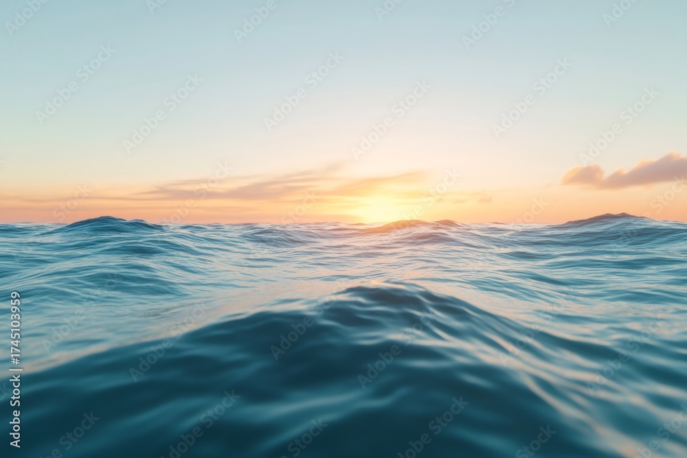 Fototapeta premium Ocean surface with gentle waves reflecting the warm golden light of a calm sunrise. The sky shows a soft color gradient