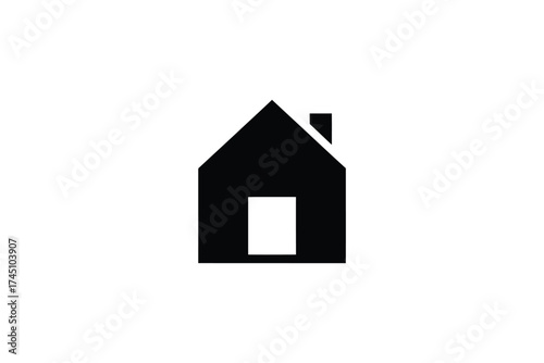 Simple black silhouette of a house with a door and chimney