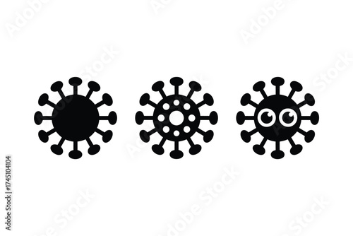 Three stylized cartoon coronavirus icons with different expressions and details