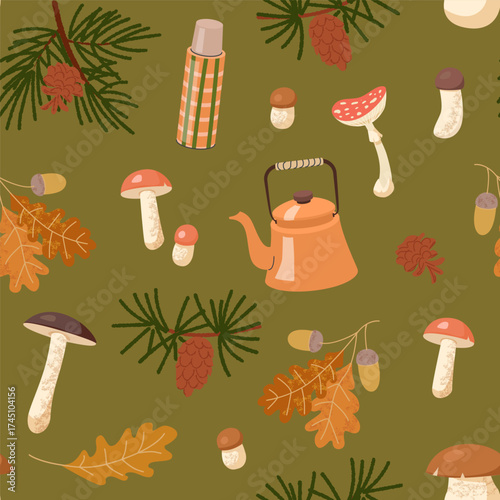 Mushrooms pinecones oak leaves kettle and thermos scattered on an olive green seamless background in flat style. Ideal for fall textiles packaging and outdoor themes