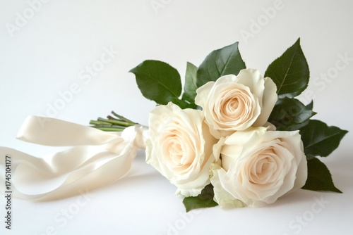 White roses bouquet with green leaves and a delicate cream satin ribbon for a wedding or special celebration