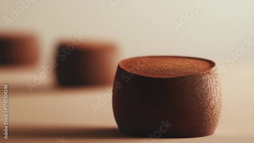 Close-up of rich chocolate lava cake dusted with powdered sugar on plate with chocolate chips