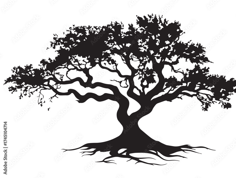 Obraz premium Twisted Oak Tree With Roots Elegant 2D Vector Line Art Silhouette 