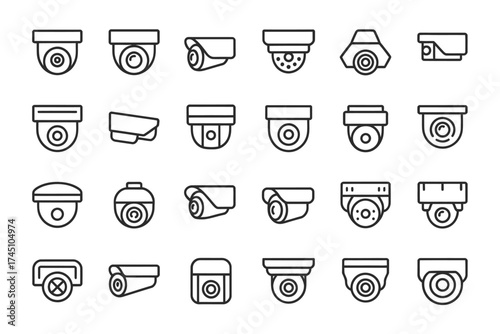 Collection of various security camera icons in a clean outline style