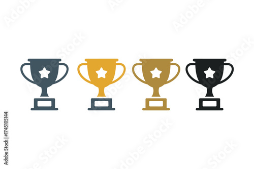 Four trophies in different colors representing achievement and victory