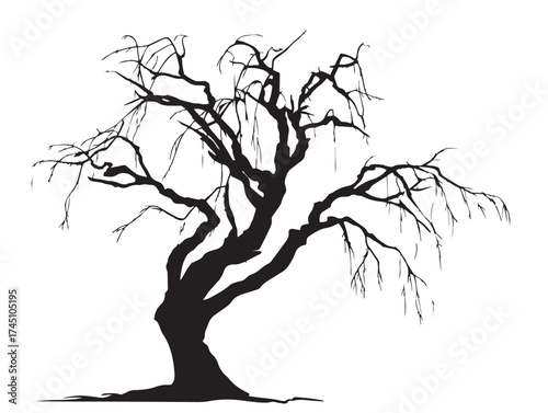 Black Twisted Willow Tree Silhouette 2D Vector Line Art Design