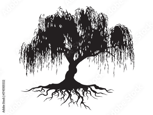 Elegant Weeping Willow Tree Silhouette With Root Details Vector Art