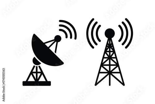 Two communication towers a satellite dish and a cell tower sending signals