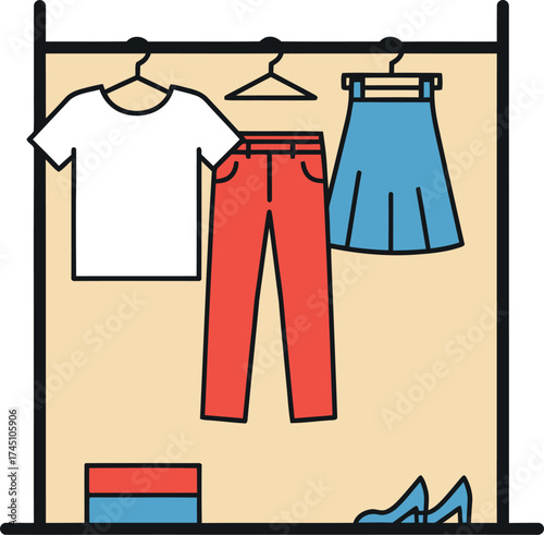 Flat Icon of Clothes on a Rack with Shoes