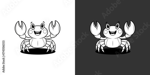 Cartoon crab character smiling cheerfully against contrasting backgrounds, showcasing playful design