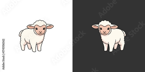 Cartoon illustration of a cute lamb standing on a contrasting background, showcasing its fluffy texture