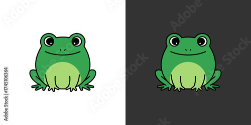 Cartoon frog illustration with vibrant green colors on contrasting backgrounds, ideal for children's materials