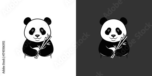 Cartoon panda character holding bamboo sticks, set against contrasting backgrounds, ideal for children's media