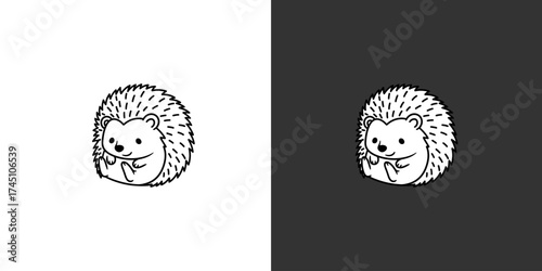 Cute cartoon hedgehog holding a small flower, set against a contrasting black and white background