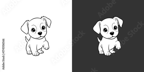 Cute cartoon puppy sitting playfully with a raised paw, against a contrasting background, ideal for pet-related content