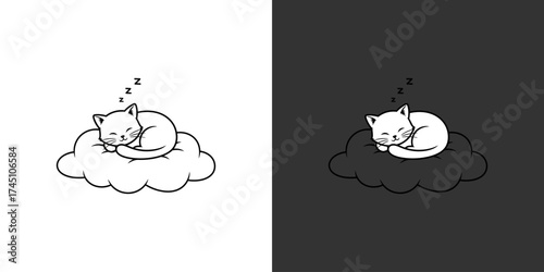 Cute cartoon cat peacefully sleeping on a fluffy cloud against contrasting backgrounds