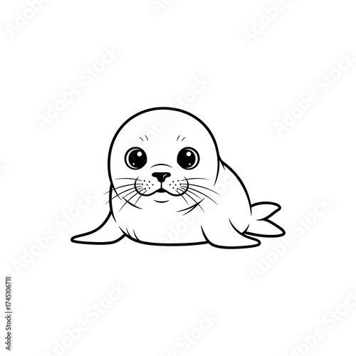 Cute cartoon seal character with big eyes lounging playfully on a sandy beach under a sunny sky